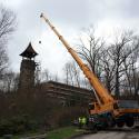 A large crane had to be used to remove the timber structure from the top of the Bell Tower